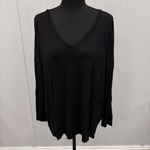 PIKO Women's Medium Black Stretch Bamboo Oversized V-Neck Long Sleeve Top